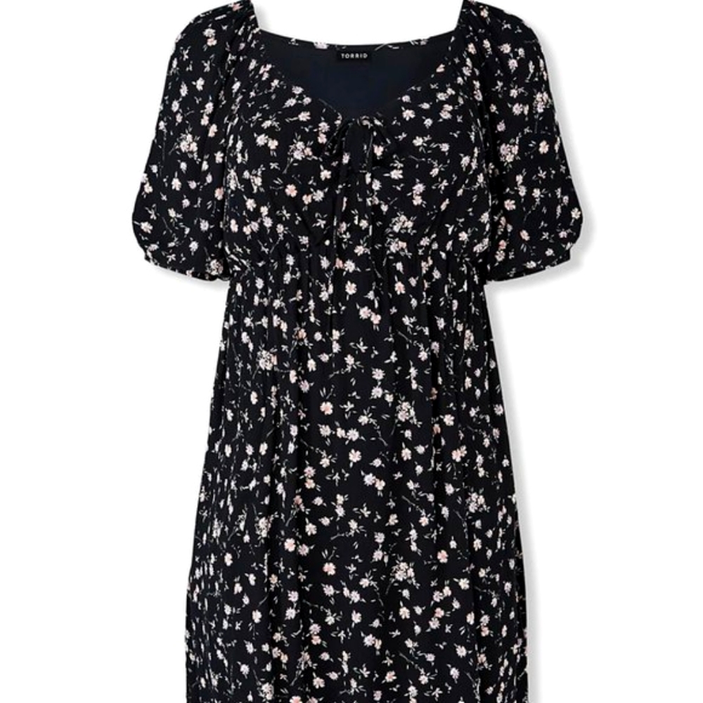 NWT TORRID DRESS BLACK FLORAL CRINKLED GAUZE PUFF SLEEVE PEASANT - Plus Size 1X